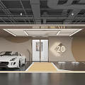 Luxury Modern Parking Garage Featuring White Sports Car Number 20 Geometric Wall Decor And Lighting