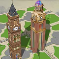 Two Clock Towers Red Brick Architecture with Spires Birds Flying Over Green Landscape and Flowers