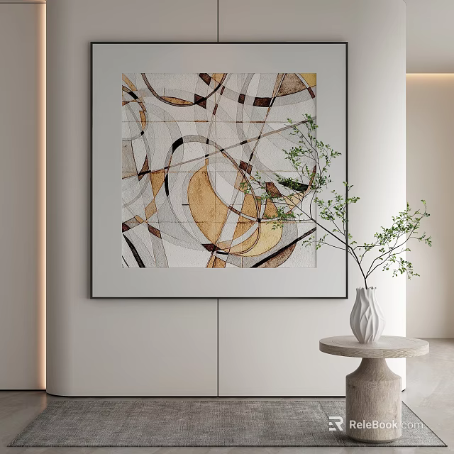 Abstract Painting with Geometric Patterns and Neutral Tones in Modern Interior with Green Plant Decor 3d model 