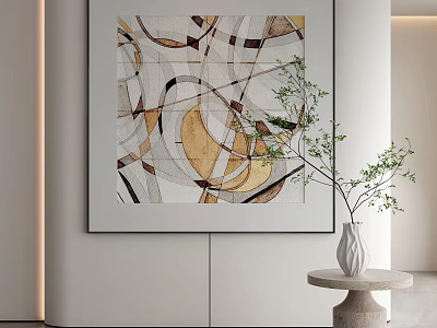 Abstract Painting with Geometric Patterns and Neutral Tones in Modern Interior with Green Plant Decor 3d model