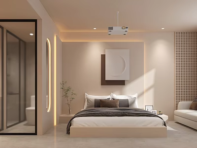 Modern Minimalist Beige Bedroom Interior Design With Beige Bed Sofa Decorative Painting And Plant 3d model