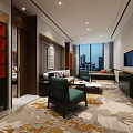 Luxury Modern Hotel Guest Room With King Bed Decorative Wall Patterned Carpet And Ambient Lighting