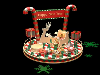 New Year Decorative Display With Candy Cane Reindeer Sleigh Gifts And Snowflakes 3d model