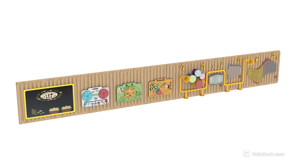 Wooden Kids Room Wall With Blackboard Colorful Charts And Hanging Hooks 3d model 
