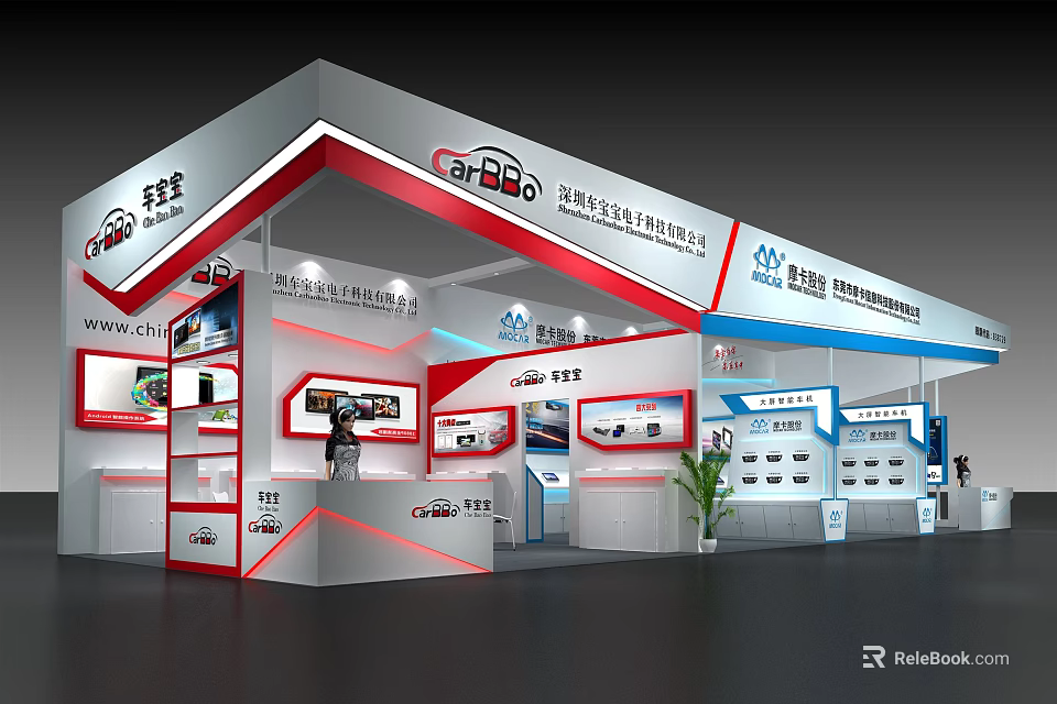 Modern Exhibition Booth Design With Display Shelves Company Logo And Product Showcases 3d model 