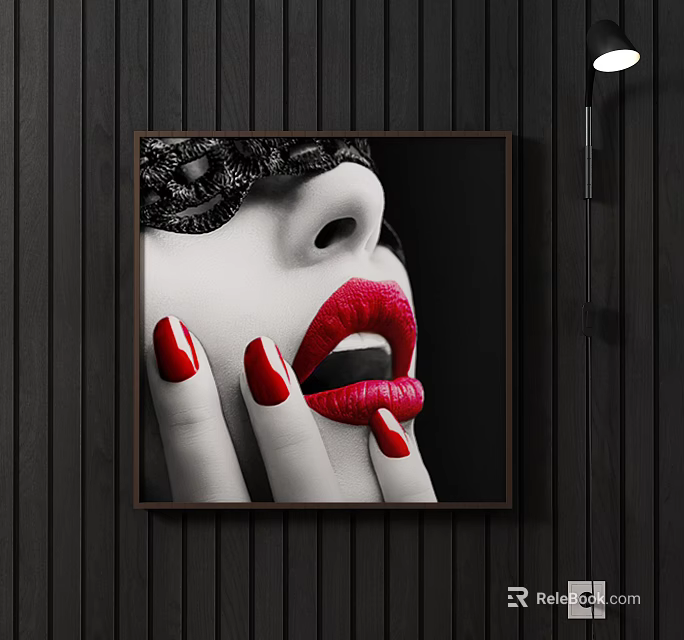 Portrait Painting Featuring Female Red Lips Hand with Red Nail Polish Black White Background 3d model 