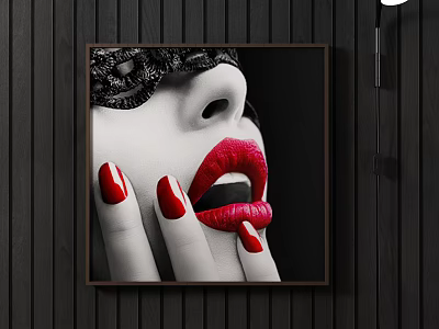 Portrait Painting Featuring Female Red Lips Hand with Red Nail Polish Black White Background 3d model