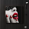 Portrait Painting Featuring Female Red Lips Hand with Red Nail Polish Black White Background