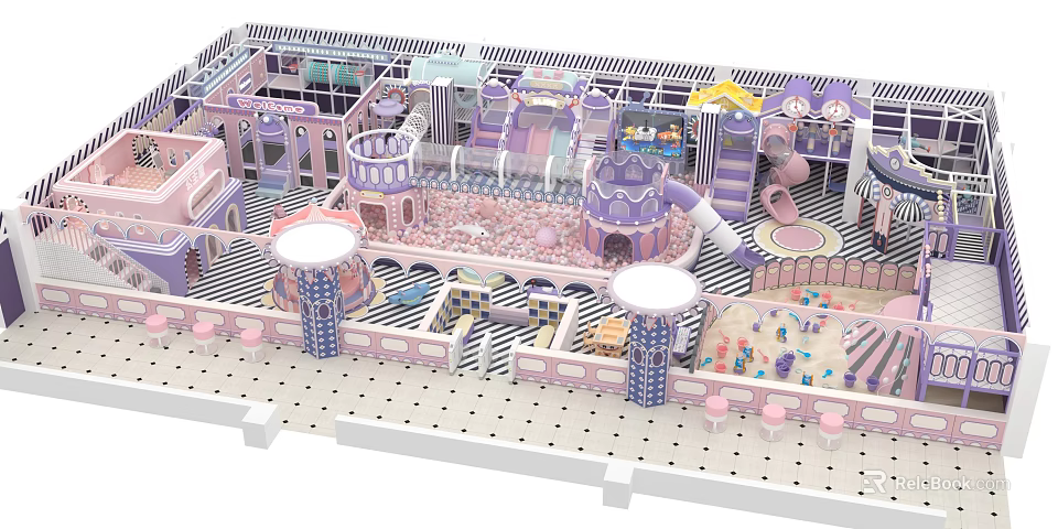 Vibrant Indoor Playground With Castle Themed Slides Colorful Ball Pit And Sand Areas 3d model 