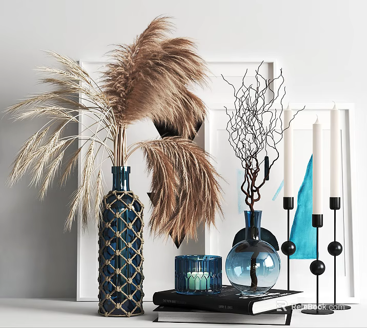 Elegant Decorative Ornament Set With Blue Vases Dried Pampas Grass And Glass Candle Holders 3d model 
