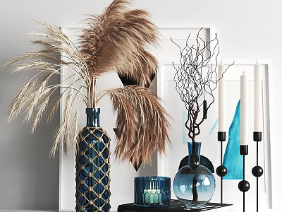 Elegant Decorative Ornament Set With Blue Vases Dried Pampas Grass And Glass Candle Holders 3d model