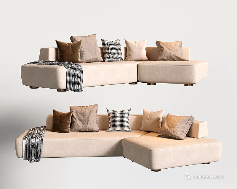 Beige Sectional Sofa With Multiple Brown Checkered Pillows And Throw Blanket 3d model