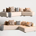 Beige Sectional Sofa With Multiple Brown Checkered Pillows And Throw Blanket 3d model
