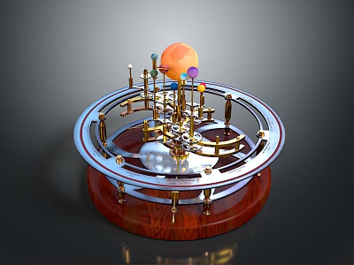 Astronomical Orrery Model With Wooden Base Metal Frame And Colorful Celestial Spheres 3d model
