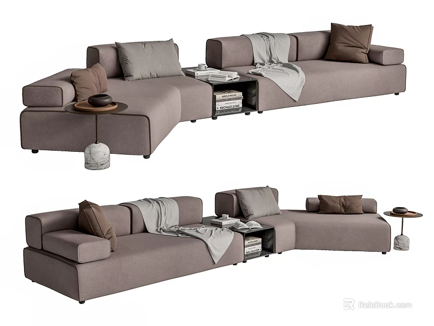 Modern Grey Sectional Sofa With Plush Cushions Throw Blanket And Side Table 3d model