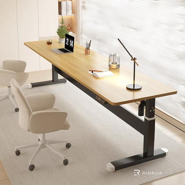Modern Standing Desk With Wooden Top Black Metal Frame Laptop Lamp And Chair 3d model 