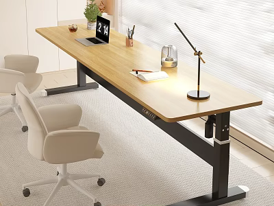 Modern Standing Desk With Wooden Top Black Metal Frame Laptop Lamp And Chair 3d model