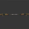 Ornate Metal Staff Sculpture Carving with Intricate Gold Green Decorations and Red Tassel
