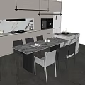 Modern Restaurant Interior With Dining Table Marble Top Chairs Open Kitchen And Hanging Lights