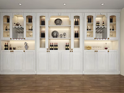 Elegant White Wine Cabinet With Multiple Compartments Red Wine Bottles And Wine Glasses 3d model