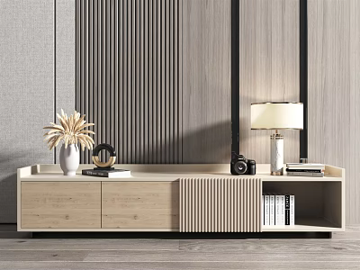 Modern Wooden TV Stand With Decorative Items Camera Table Lamp And Books 3d model