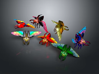 Colorful Flying Insects With Vibrant Wings And Various Patterns On Dark Gray Background 3d model