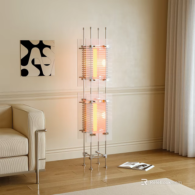 Warm Glow Floor Lamp with Metal Frame Glass Panels in Living Room with Sofa Abstract Art 3d model 