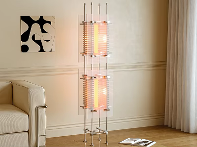 Warm Glow Floor Lamp with Metal Frame Glass Panels in Living Room with Sofa Abstract Art 3d model