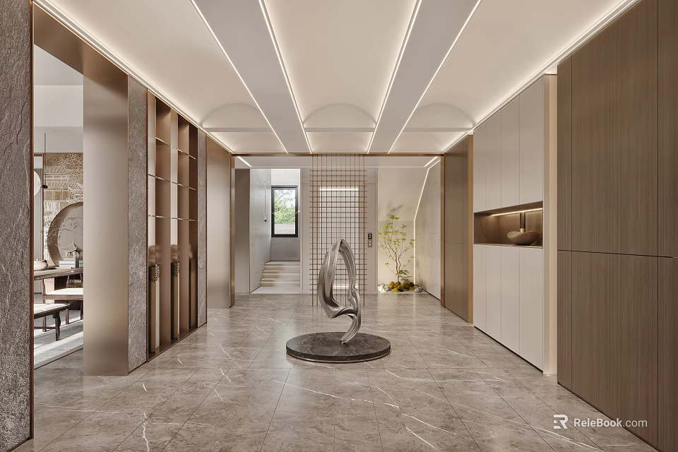 Elegant Modern Entryway Hallway Interior With Marble Flooring And Silver Sculpture 3d model 