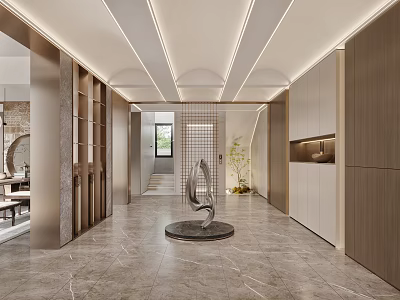 Elegant Modern Entryway Hallway Interior With Marble Flooring And Silver Sculpture 3d model