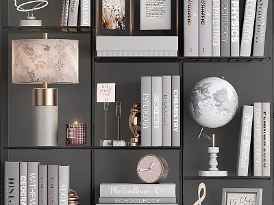 Stylish Decorative Ornament Set With Lamp Globe Clock Books And Picture Frames On Shelves 3d model