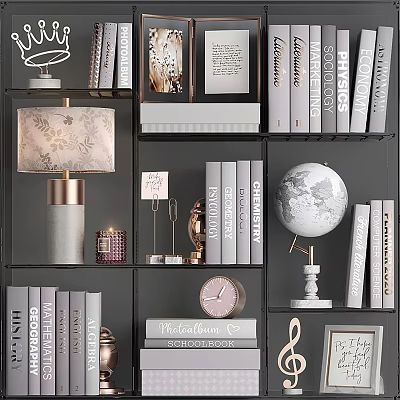 Stylish Decorative Ornament Set With Lamp Globe Clock Books And Picture Frames On Shelves 3d model