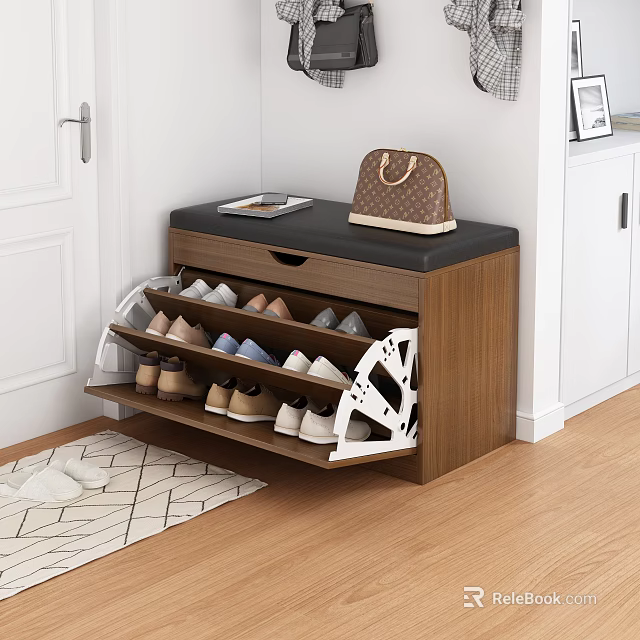 Wooden Shoe Cabinet With Upholstered Top Multiple Shelves And Handbag On Top 3d model 