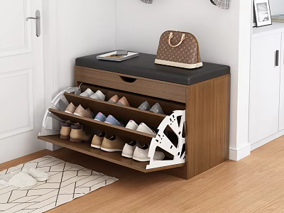Wooden Shoe Cabinet With Upholstered Top Multiple Shelves And Handbag On Top 3d model