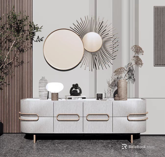 Elegant Modern TV Stand With White Surface Gold Handles Round Mirrors And Decorative Plants 3d model 