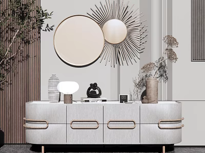 Elegant Modern TV Stand With White Surface Gold Handles Round Mirrors And Decorative Plants 3d model
