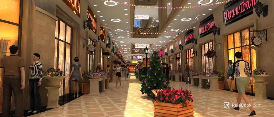 Shopping Mall Hall Featuring Decorative String Lights Store Signs Christmas Tree Flower Decorations And Pedestrians 3d model 