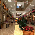 Shopping Mall Hall Featuring Decorative String Lights Store Signs Christmas Tree Flower Decorations And Pedestrians