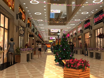 Shopping Mall Hall Featuring Decorative String Lights Store Signs Christmas Tree Flower Decorations And Pedestrians 3d model
