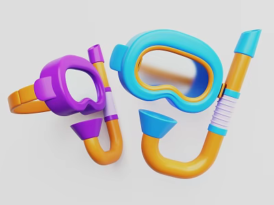 Colorful Kids Snorkel Masks And Snorkels With Vibrant Blue Purple Orange Tones 3d model