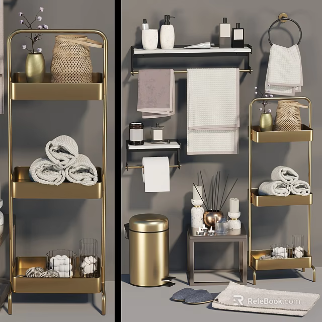 Elegant Golden Bathroom Storage Shelves With Towels Diffusers And Trash Can 3d model 