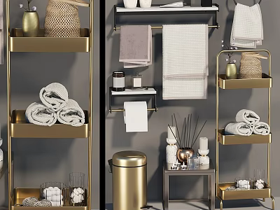 Elegant Golden Bathroom Storage Shelves With Towels Diffusers And Trash Can 3d model