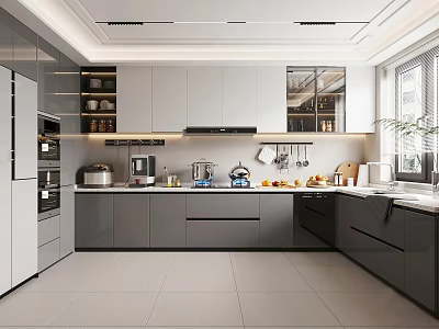 Modern Kitchen Interior with Gray White Cabinets Countertop Appliances and Natural Light 3d model