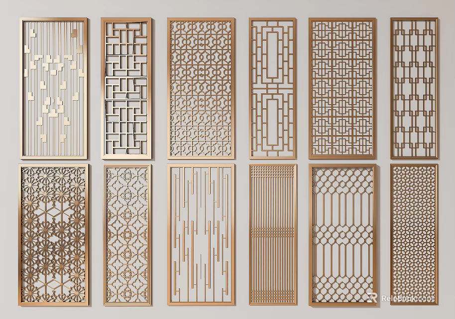 Various Decorative Room Dividers With Laser Cut Patterns And Golden Wooden Frames 3d model