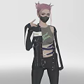 Stylish Woman With Pink Pigtails Black Mask Gray Tank Top And Striped Jacket