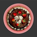 Chocolate Cake Topped With Fresh Strawberries Whipped Cream And Chocolate Drizzle On Pink Plate