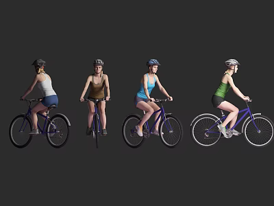 Women Riding Bicycles Wearing Helmets And Different Colored Tops On Gray Background 3d model