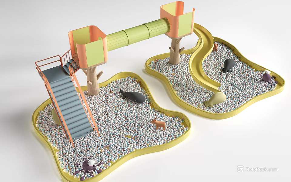 Playground Equipment with Two Platforms Green Tunnel Staircase Pebble Ground and Yellow Border 3d model 