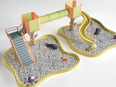 Playground Equipment with Two Platforms Green Tunnel Staircase Pebble Ground and Yellow Border 3d model