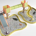 Playground Equipment with Two Platforms Green Tunnel Staircase Pebble Ground and Yellow Border